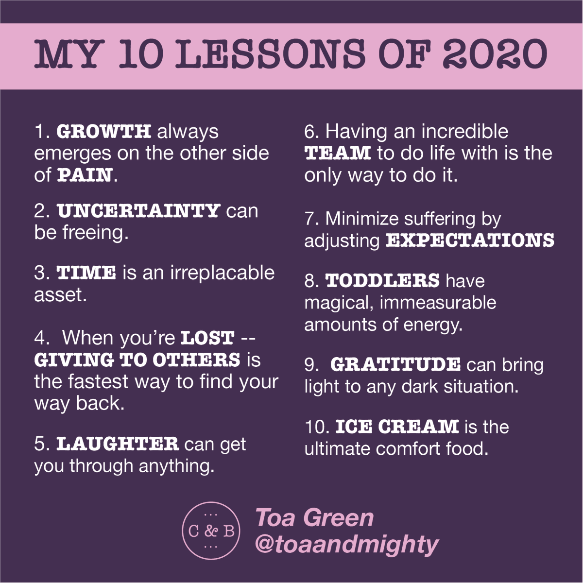 CrankandBoom's tweet photo. Our own, Toa Green, shares her top 10 lessons of 2020.
What lessons have resonated with you this year? What are you looking forward to in 2021?
#nye #lessonsof2020 #buhbye2020 #happynewyear #crankandboom #herecomestheboom https://t.co/OrjPxPOVOR