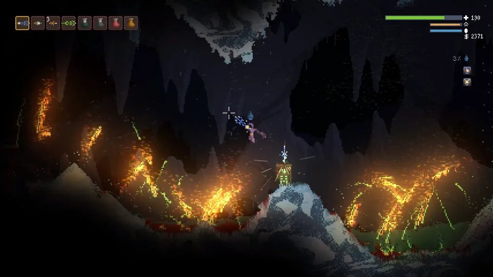 Noita (by  @NollaGames) - A lotus flower revealing layer after layer. First I was an explorer, then a wand designer, then a powerup completionist, then an alchemist. Not a great game *because* you bathe in enemies' blood, you bathe in enemies' blood because it's a great game.