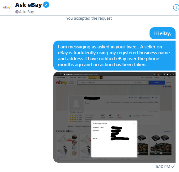 HongKongJohn's tweet photo. @AskeBay Hi eBay,

I have DM'ed you with details of the fraudulent account that continues to be allowed to trade on your platform. I have also subsequently provided the information you asked for. https://t.co/fJPZN5oLdo