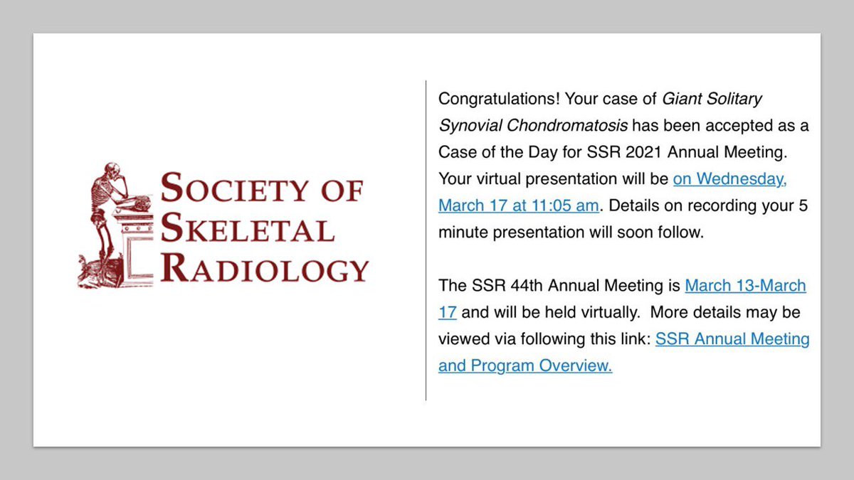 Nader Elkabbani (@naderelkabbani) on Twitter photo Thank you to my mentors, Drs. Rudman and Gimenez! Couldn't be more excited to present our case of Giant Solitary Synovial Chondromatosis which was accepted as a COTD for <a href="/SSRbone/">Society of Skeletal Radiology</a> 2021 Annual Meeting! We will be presenting on St. Patty's Day skeletalrad.org/ssr-2021-virtu… <a href="/OchsnerRads/">Ochsner Radiology</a> Thank you to my mentors, Drs. Rudman and Gimenez! Couldn't be more excited to present our case of Giant Solitary Synovial Chondromatosis which was accepted as a COTD for <a href="/SSRbone/">Society of Skeletal Radiology</a> 2021 Annual Meeting! We will be presenting on St. Patty's Day skeletalrad.org/ssr-2021-virtu… <a href="/OchsnerRads/">Ochsner Radiology</a>