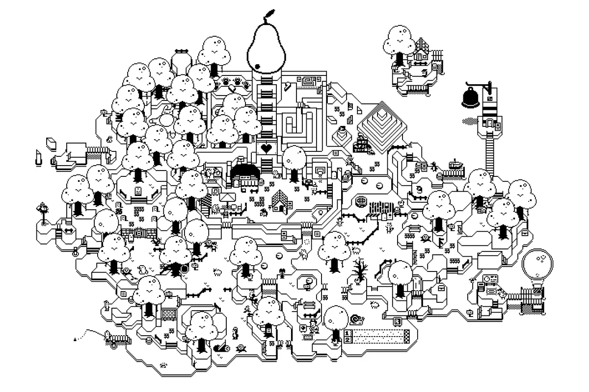 Pear Quest (by  @sokpopco) - A triumph of the small-scale: an adventure that feels epic in scope but takes place on strictly a single screen (the entire game is shown in this image!)