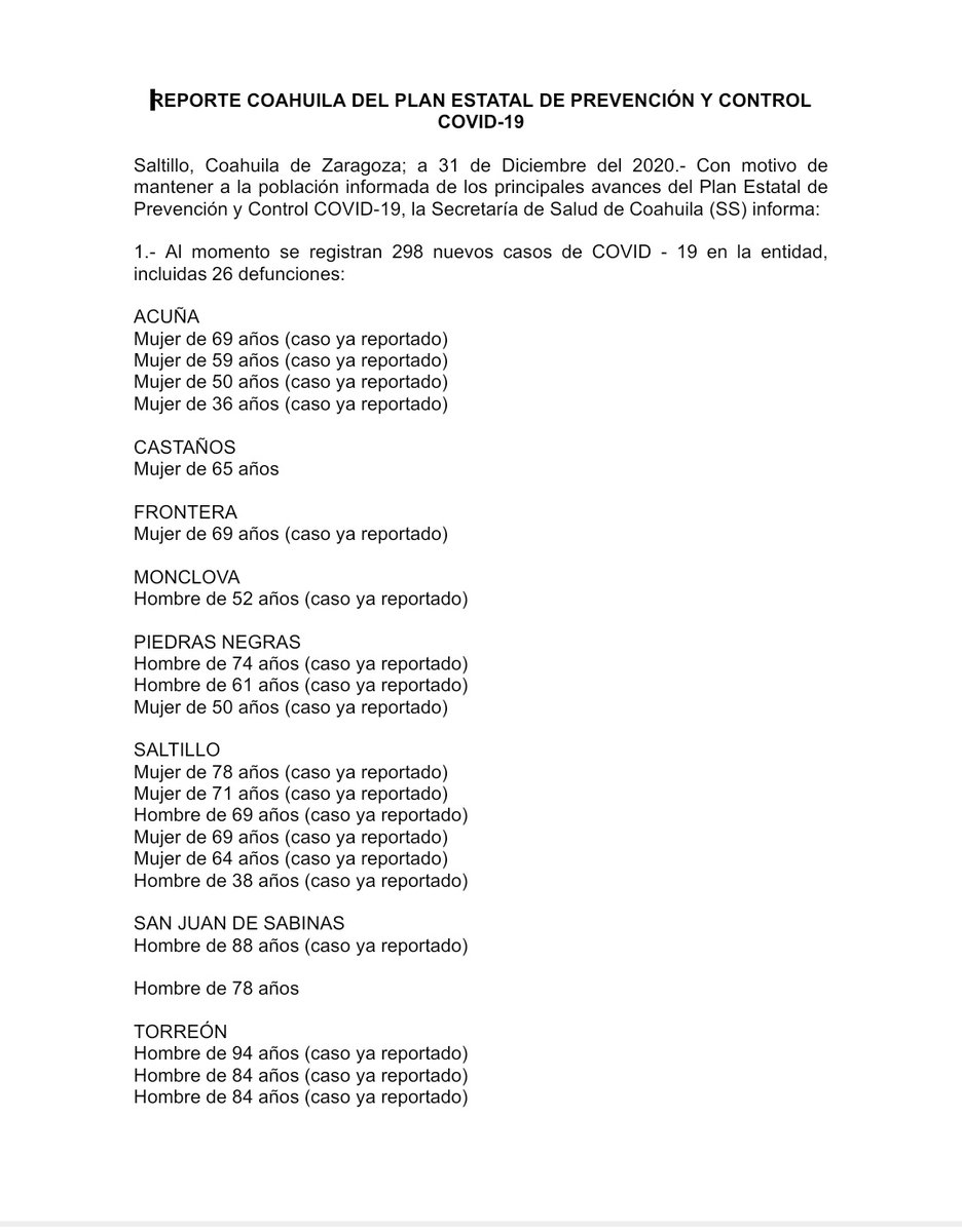 GobDeCoahuila's tweet photo. 📍#REPORTE #COAHUILA DEL PLAN ESTATAL DE PREVENCIÓN Y CONTROL #COVID_19

•Actualización 🗒️ jueves 31 de diciembre.

 Con motivo de mantener a la población informada de los principales avances del Plan Estatal de Prevención y Control COVID-19, la @SS_Coahuila informa: https://t.co/Ypvtfr4fx3