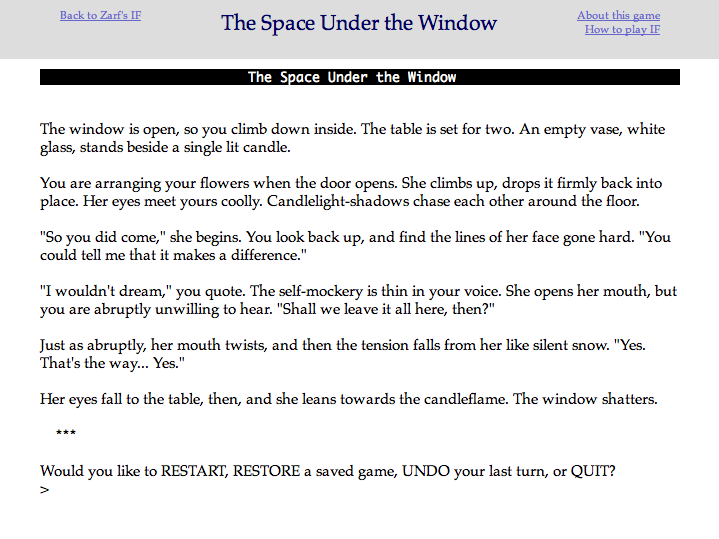 The Space Under The Window (by  @zarfeblong) - Had that wonderful feeling of where my understanding of the possibilities for IF is expanded laterally.