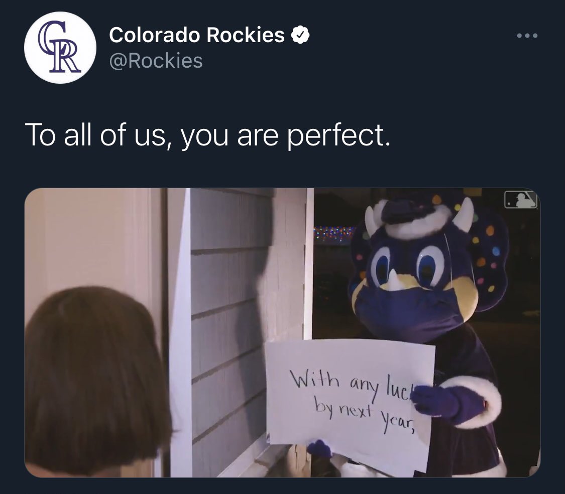 • Our annual hypothetical family Thanksgiving live tweet is always one of my favorites• The RockiesVision crew crushed the “Love Actually” holiday video• Christmas lineup cards were fun and I got to do it with my family• Club Zoom call was a different way to end it all