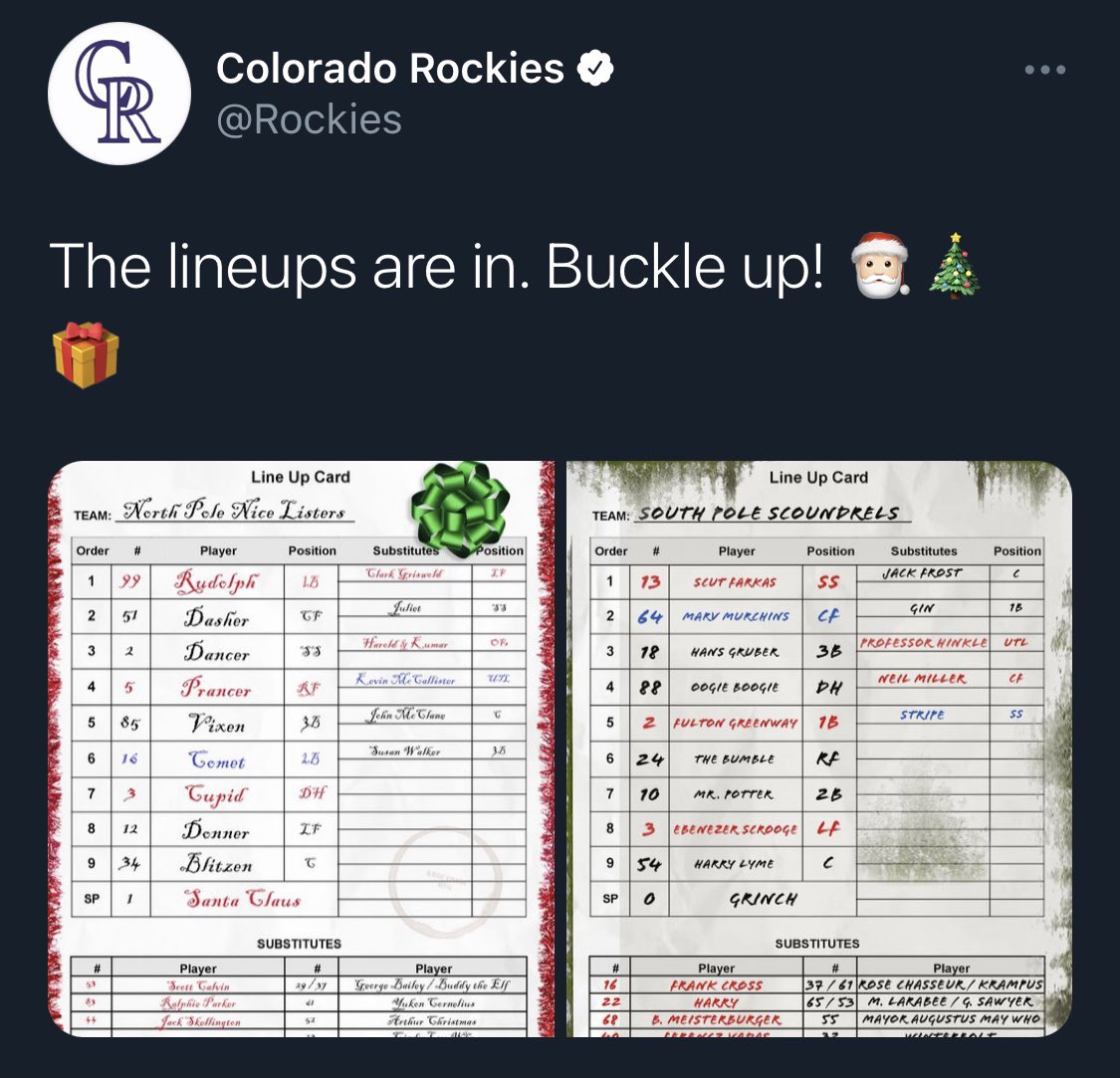 • Our annual hypothetical family Thanksgiving live tweet is always one of my favorites• The RockiesVision crew crushed the “Love Actually” holiday video• Christmas lineup cards were fun and I got to do it with my family• Club Zoom call was a different way to end it all