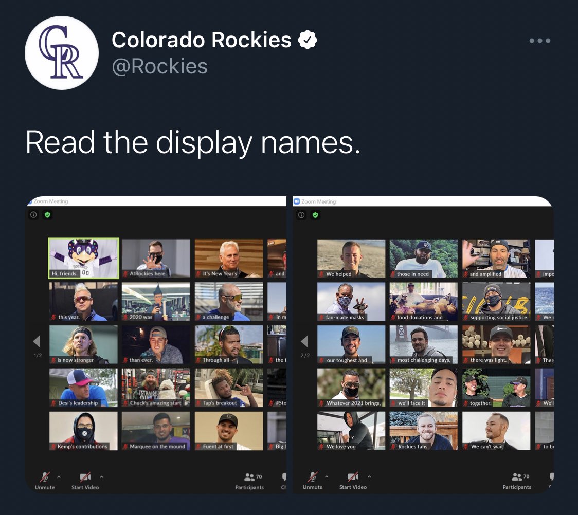 • Our annual hypothetical family Thanksgiving live tweet is always one of my favorites• The RockiesVision crew crushed the “Love Actually” holiday video• Christmas lineup cards were fun and I got to do it with my family• Club Zoom call was a different way to end it all