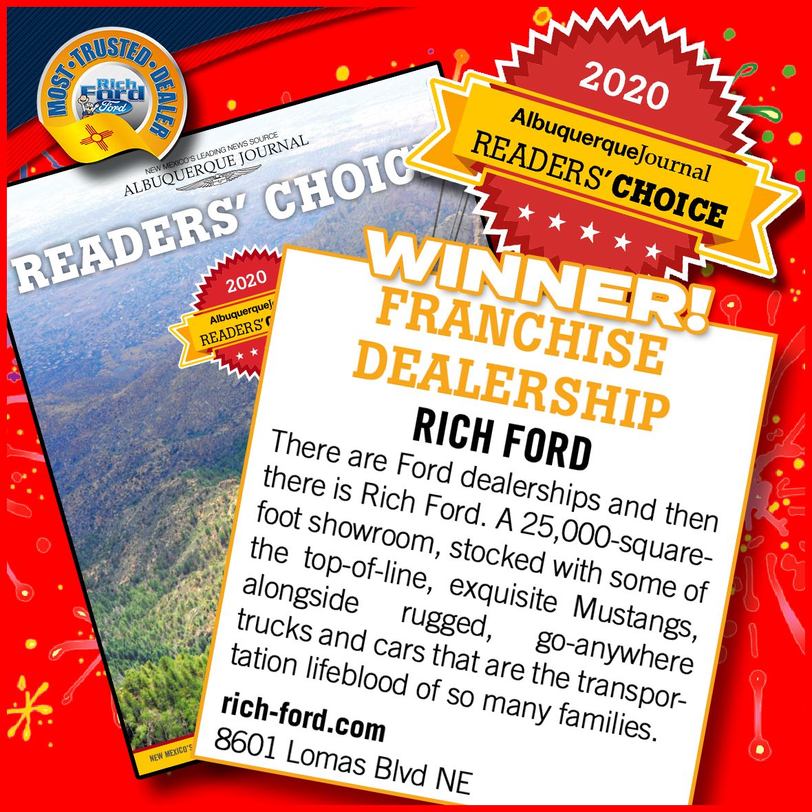 RichFordABQ's tweet photo. 🏆 WINNER!🏆 - the 100K daily readers of The Albuquerque Journal have AGAIN chosen Rich Ford as the Reader's Choice Dealer of the Year!  Thank you again for allowing us to serve you, and 2021 will be our BEST year EVER! - https://t.co/zTX3bXrqSy. https://t.co/e5p62jKW5D