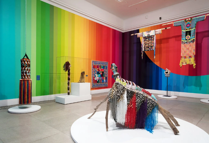 Then,  #JeffreyGibson’s “When Fire Is Applied to a Stone It Cracks”.Gibson reclaims Indigenous beadwork traditions, which are too often reduced to stereotypes. He builds upon & queers beading traditions to create stunning new portraits of Indigenous history and power.