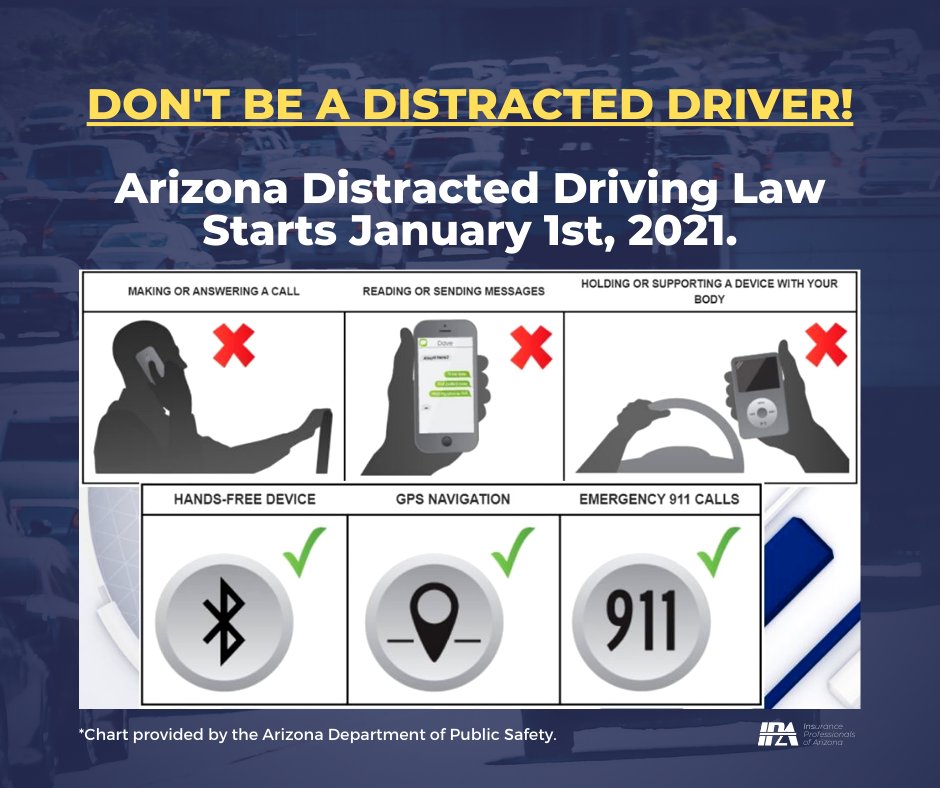 Insuranceproaz's tweet image. Starting January 1st, 2021, Arizona puts into effect the #DistractedDriving Law. This new law, passed back in January 2019, makes it illegal to be holding a phone, GPS, or other handheld device while driving. Learn more below: bit.ly/3n49YPB

#DriveSafe #autoinsurance