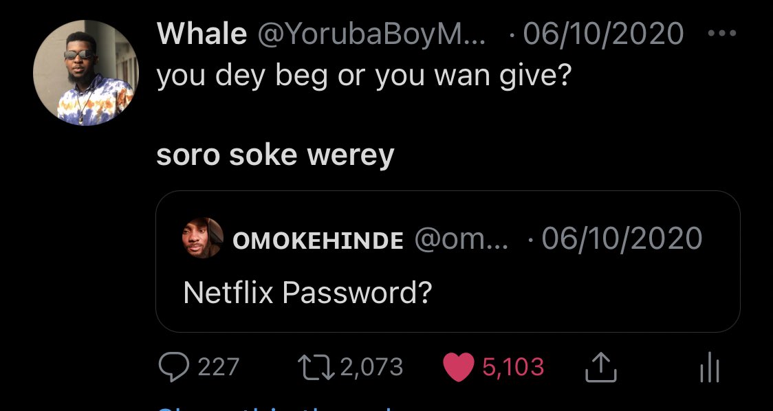 was on my own jeje when  @omokehinde___ asked a stupid question and I quoted it with “soro soke werey” or something. I think the slang was viral some days before but we kinda revived it. I got an idea of running a merch (based on creative thinker wey I be lol).