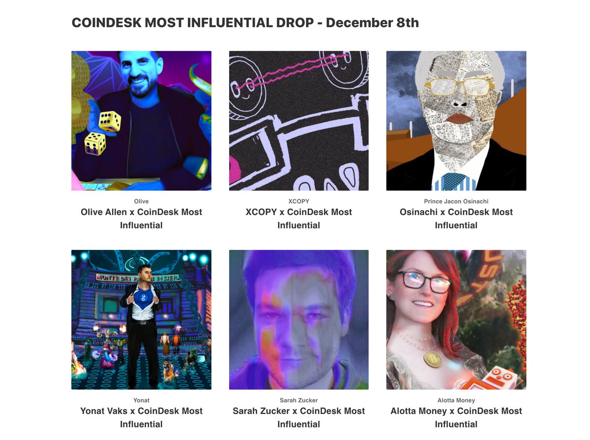 thesarahshow's tweet photo. The auction for the @CoinDesk #MostInfluential2020 NFT Portraits ends in 1hr on @niftygateway!

Souvenirs from a landmark year in crypto by amazing artists @osinachiart, @yonatvaks, @money_alotta, @IamOliveAllen, @XCOPYART, @MattKaneArtist + yours truly!

https://t.co/KIrK8QjWVN https://t.co/SWk8U0qOdj
