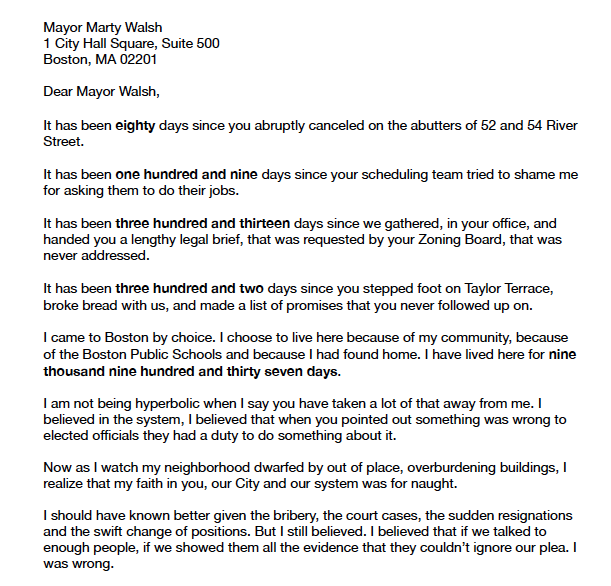 52and54's tweet photo. You probably heard that I have broken up with @marty_walsh. It was a long time coming. I had to face the evidence that he is part of the corrupt engine that is allowing this development scam to run.
Please read. Please share.
#WheresWalsh
#TheWholeDamnSystem https://t.co/42pIg8RJs1