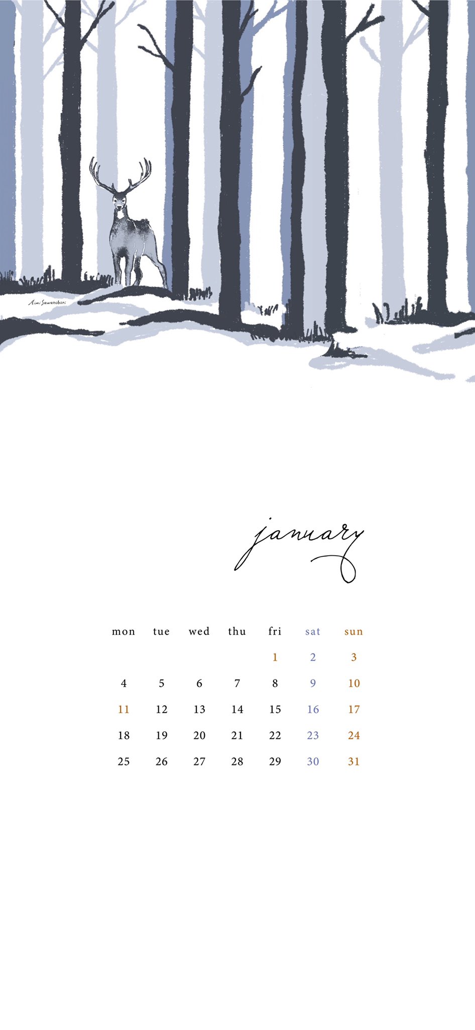Aimi Sawanobori イラストレーター 1月のカレンダー ふるさと山梨からインスピレーションをうけて 雪山と山の神様をイメージ いつでも側で見守ってくれます 21年もぜひお使いいただけたら嬉しいです 再配布 加工ng カレンダー イラスト