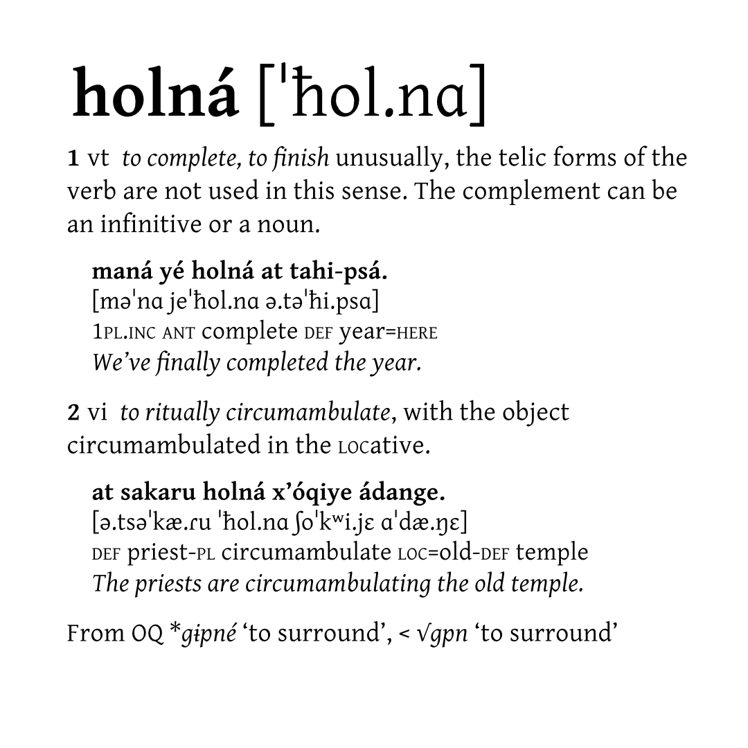 txakori's tweet photo. The last Qári word for #Lexember2020 is appropriately:

holná [ˈħol.nɑ] to complete, to finish

Let's hope that 2021 is better than this year (low bar, I know), and keep on #conlang-ing through until next #lexember! https://t.co/GsdU53JmBI