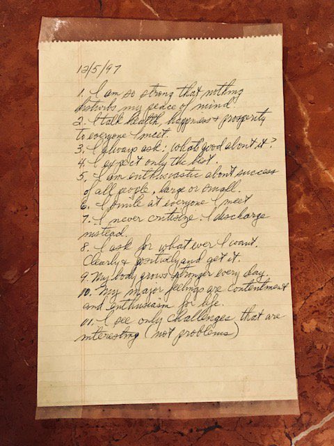 we turned over the table and found a piece of paper taped there. It was dated Dec 1997. grammy’s handwriting. I guess we’ll never know why it was taped there, what inspired her to write this list, if she ever intended for us to see it. but i’m taking it with me into the new year