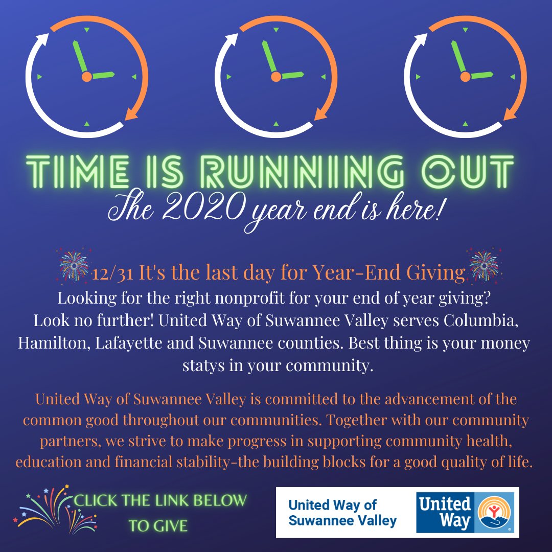 Today's the last day to give! If you want to support United Way of Suwannee Valley, check out our website unitedwsv.org #yearendgiving #unitedway