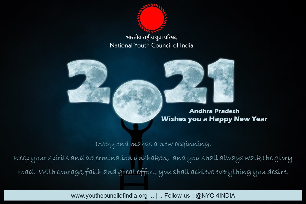 NYCI ANDHRA PRADESH 
Hearty Wishes you #HappyNewYear2021 

<a href="/NYCI4India/">National Youth Council Of India</a> <a href="/amarprasadreddy/">APR</a> <a href="/iamdatchana/">DATCHANAMOORTHY RAMU</a> <a href="/GANESHNAGUD/">Ganesh Nag Doddi</a> <a href="/JAYAKRISHNANam3/">JAYAKRISHNA Nambari</a> <a href="/NNSwamyIndian/">Narayana Swamy.N🇮🇳</a> <a href="/NagarjunK92/">Nagarjun Karnatakam</a> <a href="/RahulKanchi/">Rahul Kanchi</a>