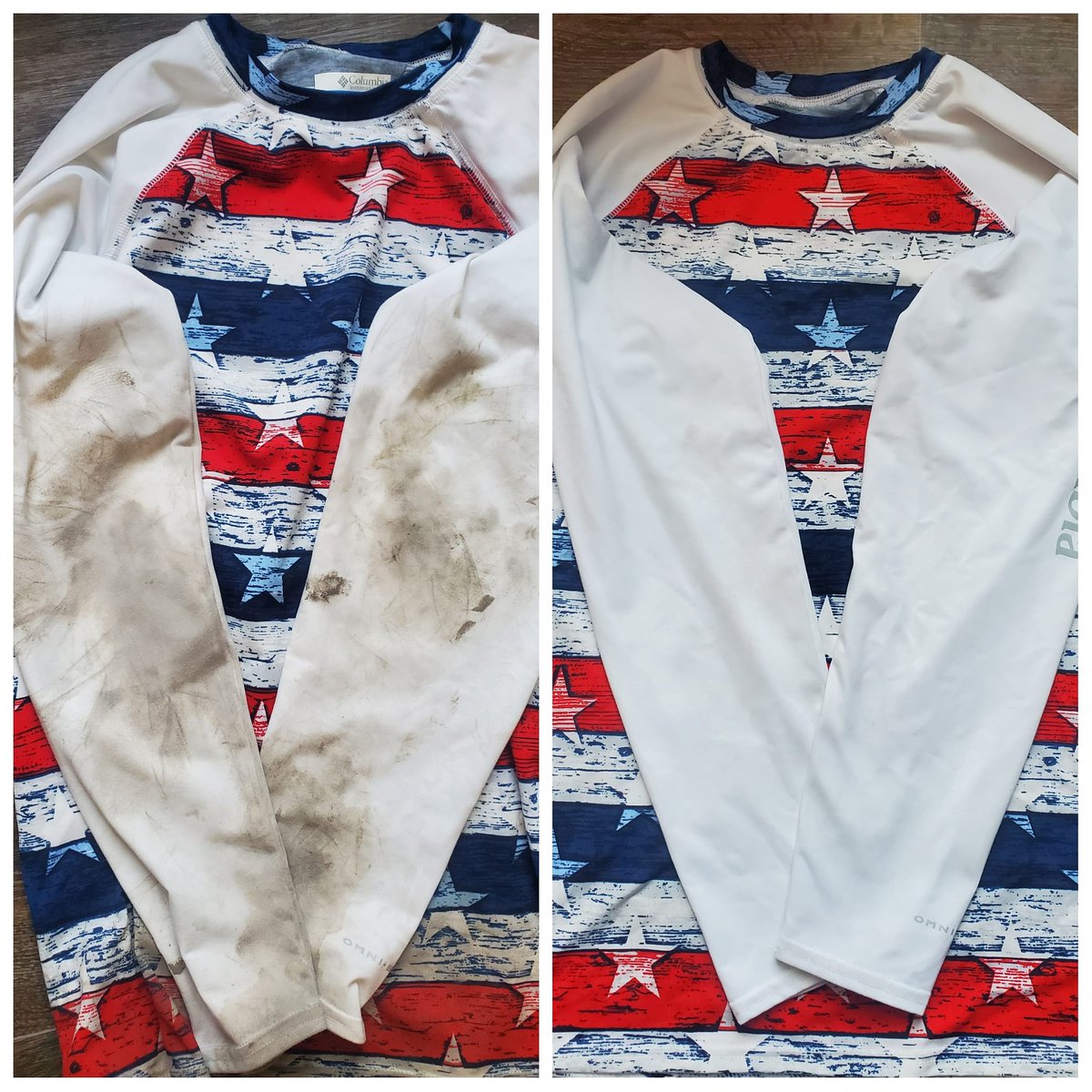 kndrdwn's tweet photo. If y'all don't have #FelsNaptha in your laundry room...go get some and thank me later. #BeforeAndAfter of a #HurricaneHunter shirt. https://t.co/UHixtiThtU