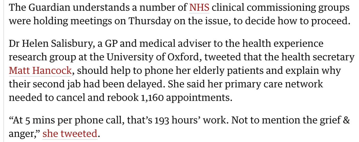 I'm also concerned by the poor planning around this. Given these data were available for a while, it's not clear to me why this decision was made now, when hundreds of thousands have had their second appts booked in. Cancelling these is also time-consuming & undermines trust.