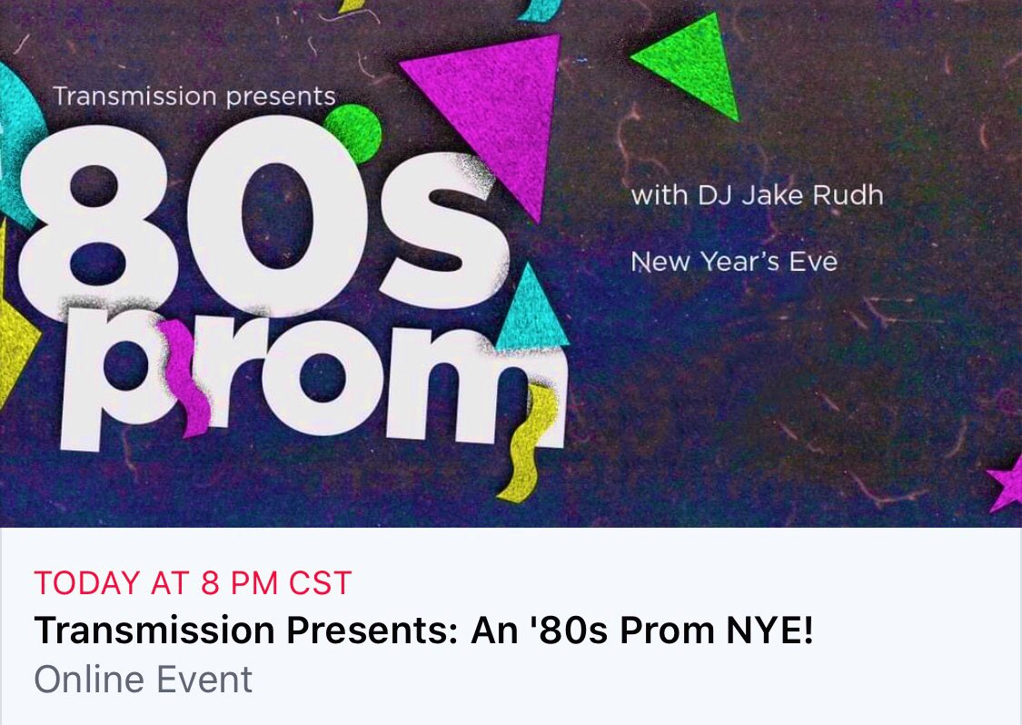JakeRudh's tweet photo. We sold out the last two NYE’s at @FirstAvenue, and were supposed to again this year. Moving that plan to 2021.

Tonight I’m hosting a (free) virtual ‘80s prom themed NYE via my Twitch channel starting at 8pm central here: https://t.co/H3c4RJ3NNz

No date, tux or dress necessary. https://t.co/aEb3BsVdwO