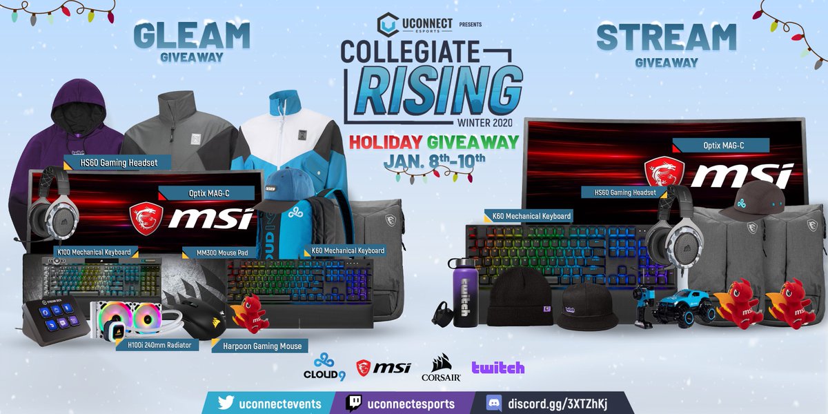🎄Happy holidays from everyone at @UconnectEsports! 
We're celebrating with our HUGE Holiday giveaway with merch from our sponsors <a href="/CORSAIR/">CORSAIR</a>, <a href="/Twitch/">Twitch</a>, <a href="/msiUSA/">MSI Gaming USA</a>, and <a href="/Cloud9/">Cloud9</a>!🎄 

Giveaways on our GLEAM 
🎁bit.ly/3pIbkRN
and our STREAM (Jan 8-10th)
📺twitch.tv/uconnectesports