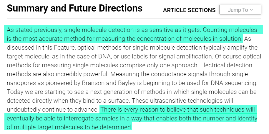 Why does this matter? As explained here:“the highest resolution measurement one can make is at the single molecule level…in fact, one could argue that the future of all analytical measurements will be molecule counting.” https://pubs.acs.org/doi/10.1021/ac3027178
