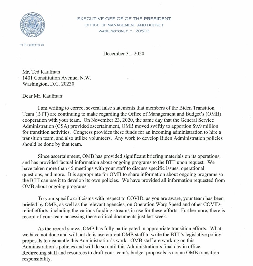 The Biden Transition Team has been making false accusations about OMB. Here is my letter outlining the facts.