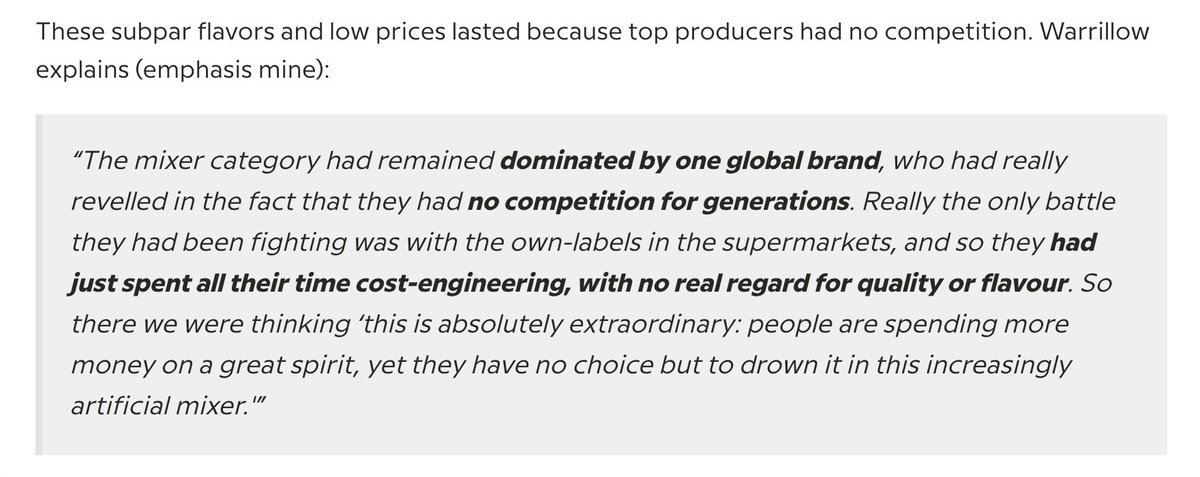 4/ FEVR’s pitch was “you want to pay more for a better-tasting tonic. We’ll give it to you.”These subpar flavors and low prices lasted because top producers had no competition.FEVR entered an industry with no competition & a differentiated mindset: focus on flavor not price.