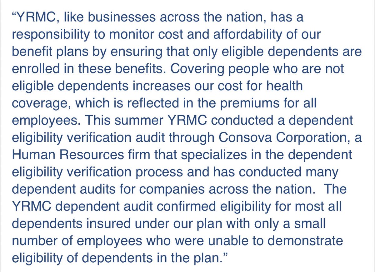 In addition, Wright said this summer the hospital required an outside auditor to confirm family relations of staff members or they would be taken off of their health insurance plans. They confirmed this to me, but described it as a routine practice to cut costs.