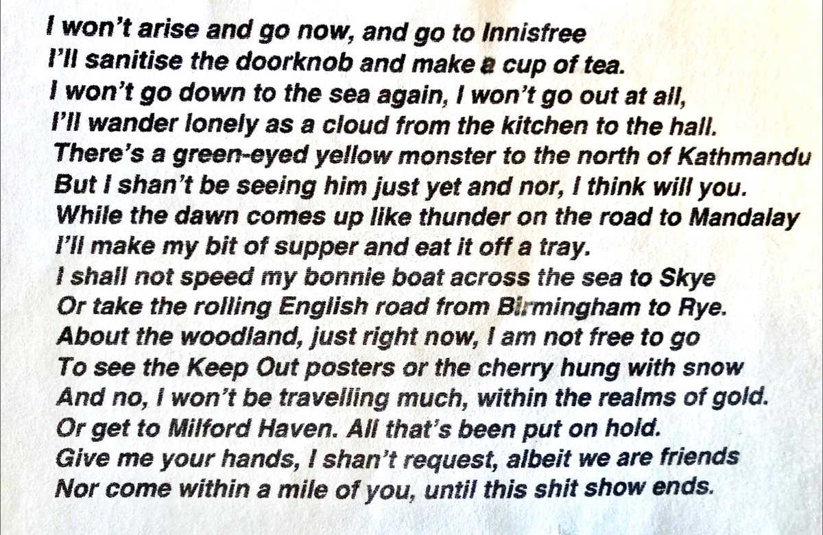 Happy 2021, all, and thanks for a great thread of suggestions.I went with a short trilogy - this brilliant anonymous piece (author credit welcome) about the difficulty of taking imaginary journeys when all journeys are forbidden