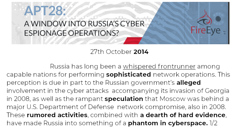However, as Mandia wrote, "there was a dearth of hard evidence [about RU cyber]. They were a phantom in cyberspace." CrowdStrike's Mr. Henry agreed: "tops in the world." Not good. Cy-Statecraft preferred clumsy Bears, Mad Mullahs, Kim Jong Hackers, and self-incriminating Pandas.