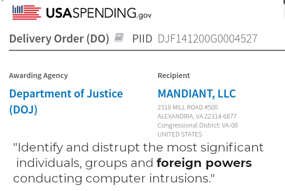 After EO13660, the FBI again hired Mandiant. The 18 Mo contract started as "Cyber Case Support” but in July '14 morphed into one to: "Identify .. the most significant individuals, groups and FOREIGN POWERS conducting computer intrusions." They wanted Kyiv's paw-prints as RU APTs.