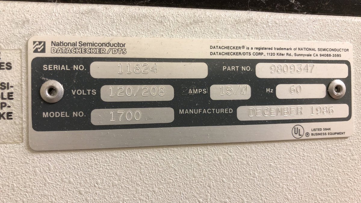 Here's the serial panel for the unit. Apparently the model is specifically the Datachecker 1700, the 20 probably refers to something like speed/memory size.And it has a manufacturing date of Dec 1986.