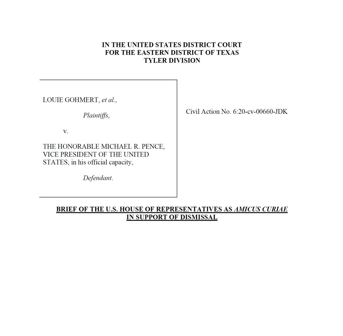 Election Update - Gohmert - House of Representatives Amicus:The proposed amicus brief from the House of Representatives is up. Let's take a look.  https://www.courtlistener.com/recap/gov.uscourts.txed.203073/gov.uscourts.txed.203073.22.0.pdf