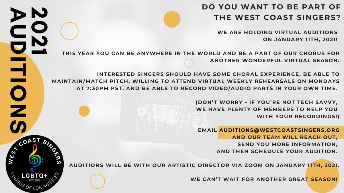 Do you want to be part of the West Coast Singers? We are holding virtual #auditions on January 11th, 2021! This year you can be anywhere in the world and be a part of our chorus for another wonderful virtual season. Email auditions@westcoastsingers.org  #wcsla #LGBTQ #GALAChorus