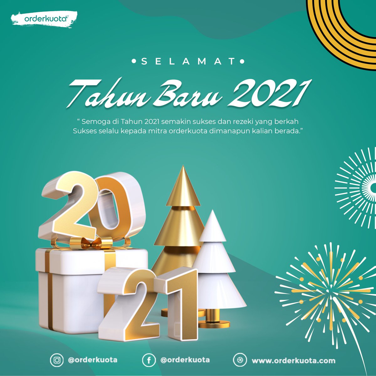 orderkuota's tweet photo. 🎉🎆SELAMAT TAHUN BARU🎆🎉

Mimin harap di tahun 2021 ini segala tujuan dan pencapaian yang belum tercapai mampu berjalan dengan lancar ya, sobat kuota!

Jangan lupa ikuti giveaway orderkuota spesial akhir tahun ya🌻 https://t.co/dPacwGBkHk