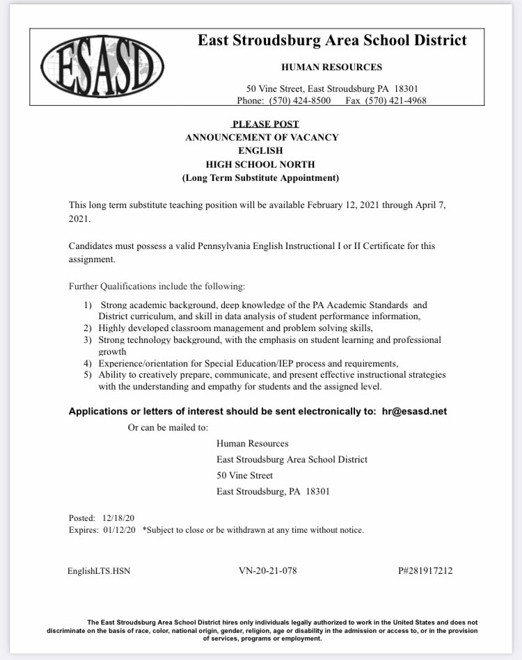 English(LTS) position @ North HS