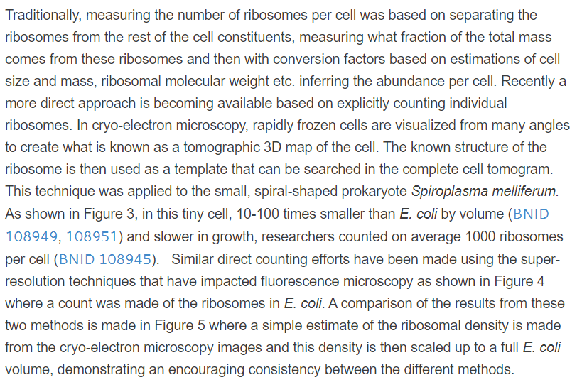 19. Very very roughly, and with much variation, there's about 10,000 ribosomes per femtoliter of cell. The way these numbers are determined are interesting - a trend away from clever weighing techniques, and toward direct microscopy / counting techniques.