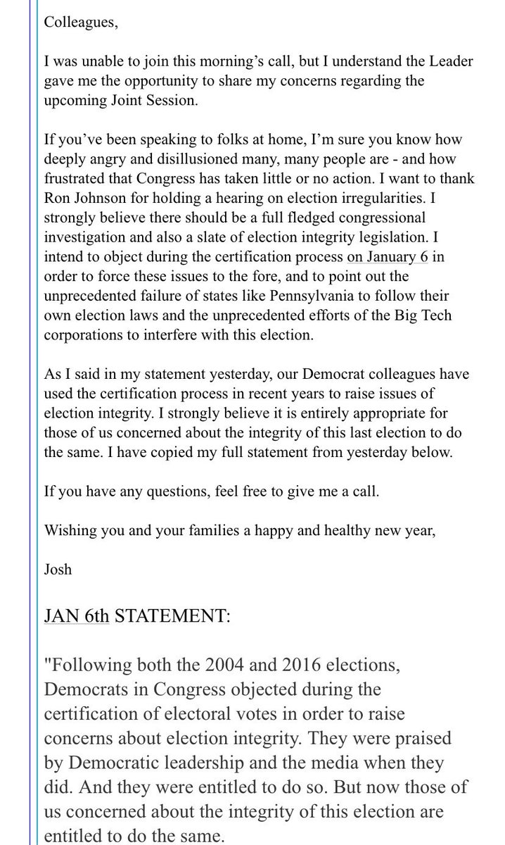 As first reported by @jonathanvswan, Hawley sent an email to GOP senators after the call concluded. Here’s a copy of the email