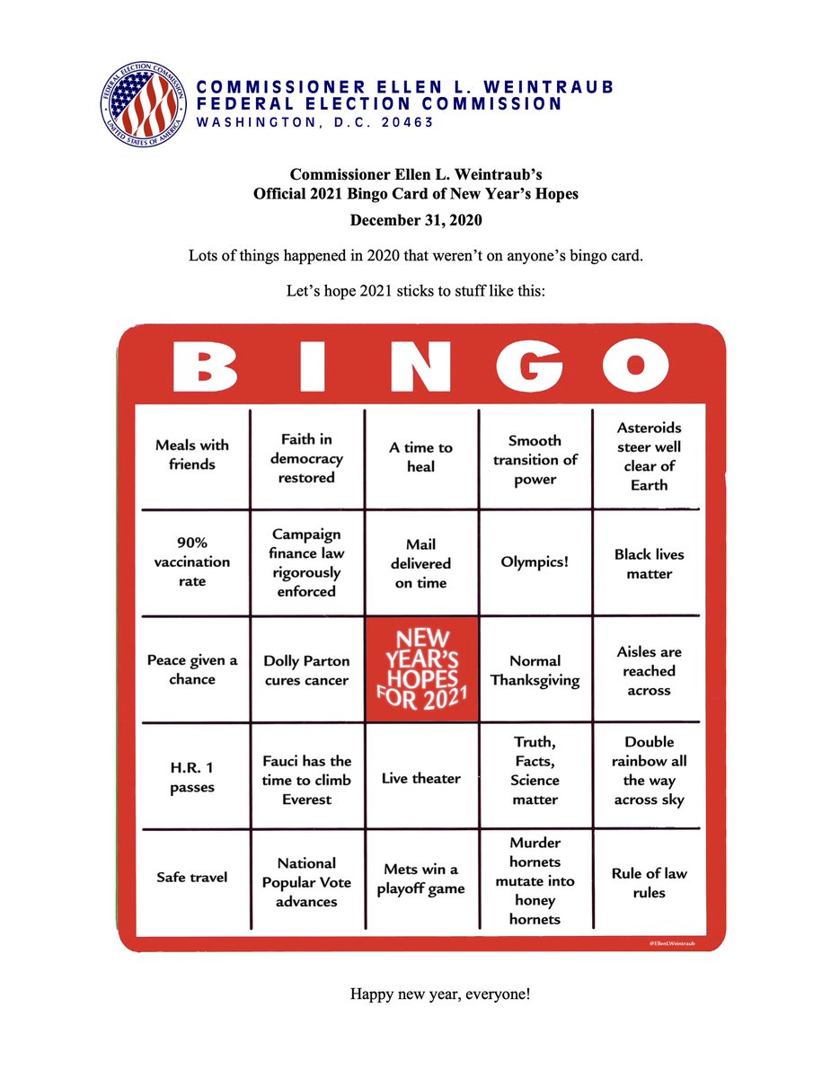 Lots of things happened in 2020 that weren’t on anyone’s bingo card. 

Here's my Official 2021 Bingo Card of New Year’s Hopes. Let’s hope 2021 sticks to stuff like this.