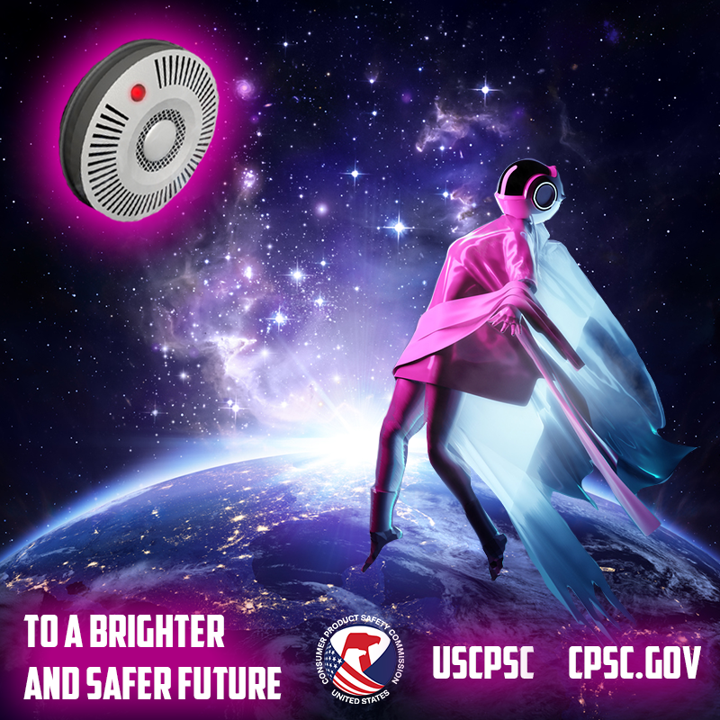 A woman in a dress wearing a space helmet floating over the earth towards a smoke alarm. The text reads: To a brighter and safer future.