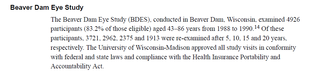 But first, further mention of Beaver Dam Eye Study. (No AMD in my lineage, btw) These familial, epidemiological studies (consortia also) are impt for such genetic disease contribution. Two examples cited here.  https://pubmed.ncbi.nlm.nih.gov/25905023/&nbsp; https://pubmed.ncbi.nlm.nih.gov/28108569/&nbsp;