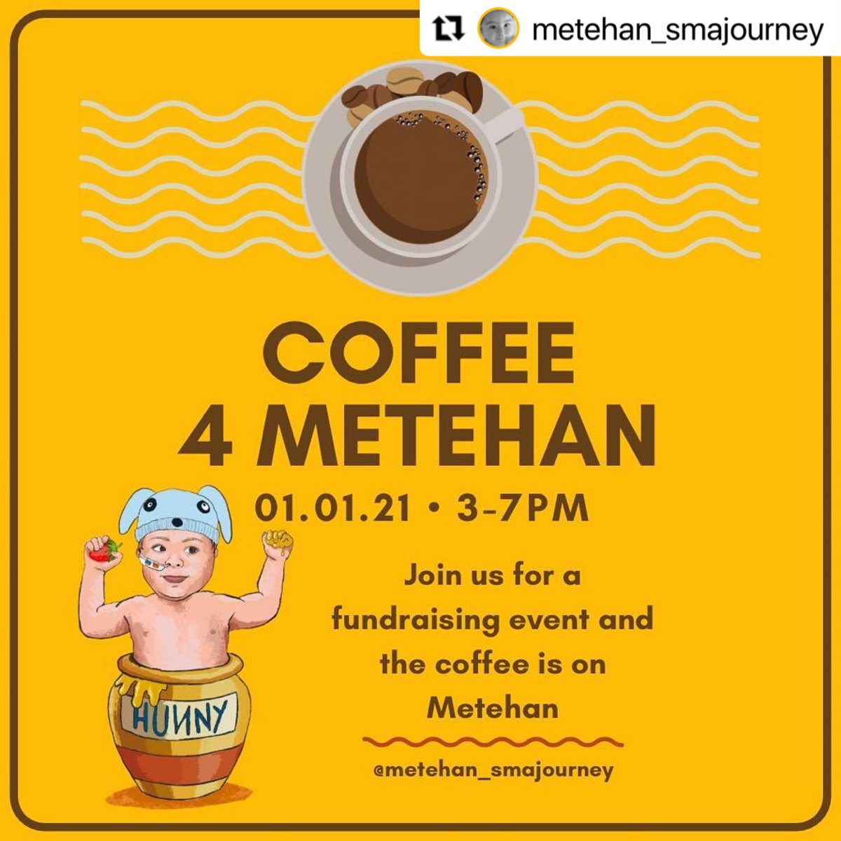 metehan_sma's tweet photo. Yarın kahveler MeteBAL’dan 🐝☕️ Hepinizi yarın saat 3-7pm arası yayınımıza bekliyoruz 💛
#metehanaumutol #HelpSaveMetehan https://t.co/C6FVLfIAOS