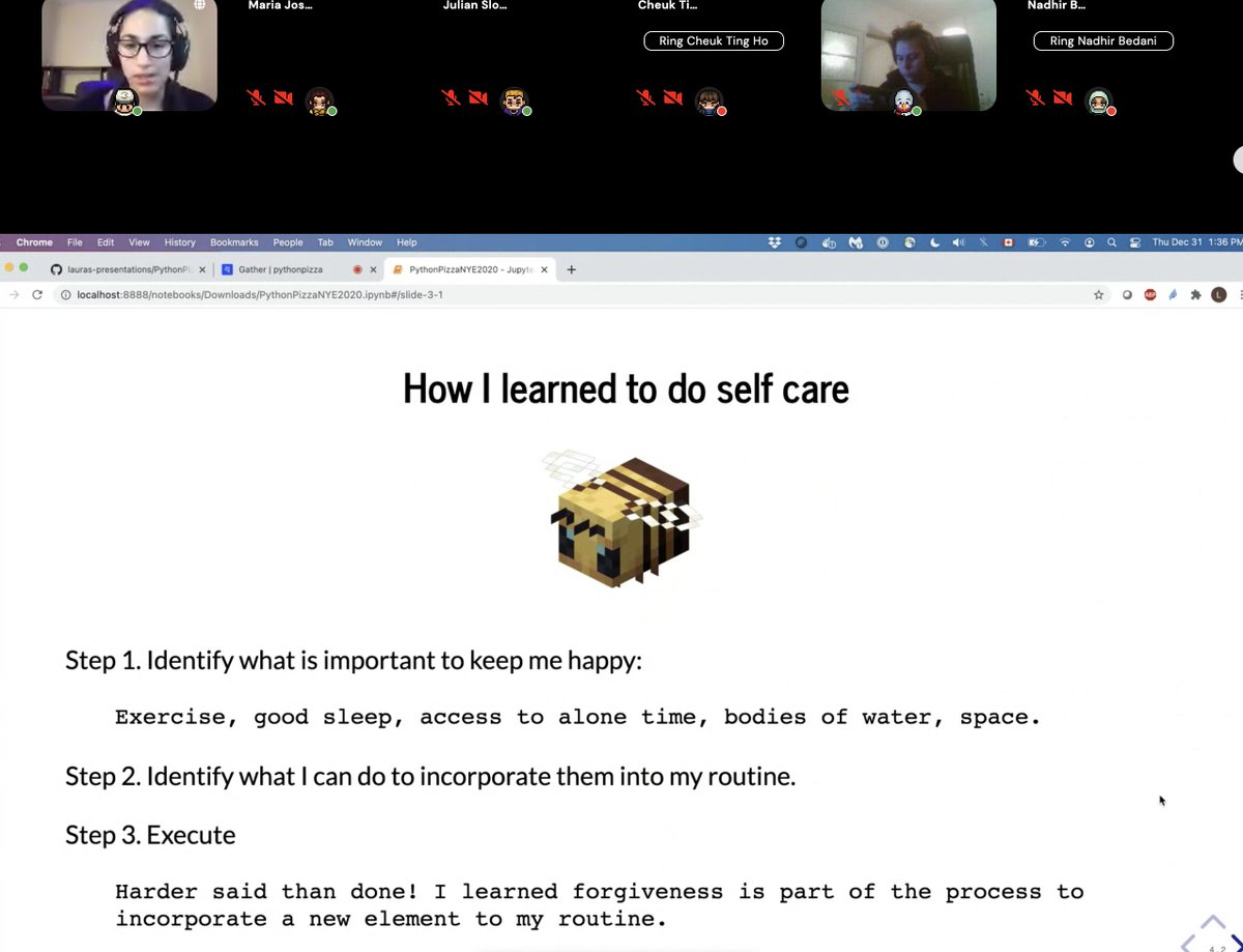 pythonpizzaconf's tweet photo. Really cool talk from @lgfunderburk on activities helping with staying sane during lockdown.. and all of this with Minecraft
#PythonPizzaNYE2020
#lifecoaching #burnout #selfcare https://t.co/eF3d4fwX60