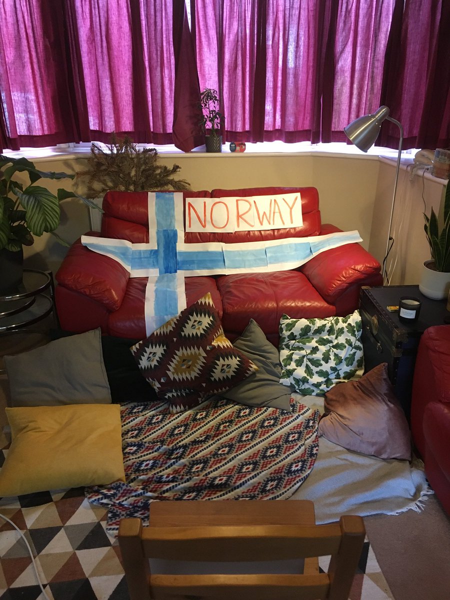 When we turned our sofa into the Norwegian flag for a Eurovision Zoom cc:  @joeyjojosha