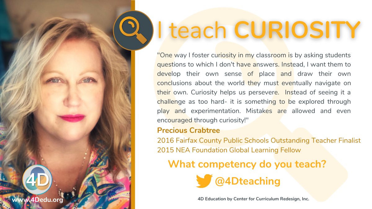 . <a href="/sweetpcrabtree/">Precious Crabtree</a> was one of the #FineArts expert educators in <a href="/CurrRedesign/">Center for Curriculum Redesign</a>'s study. See what she says about infusing #Curiosity into one of her lessons for the study. #SEL #4Dedu #4Deducation