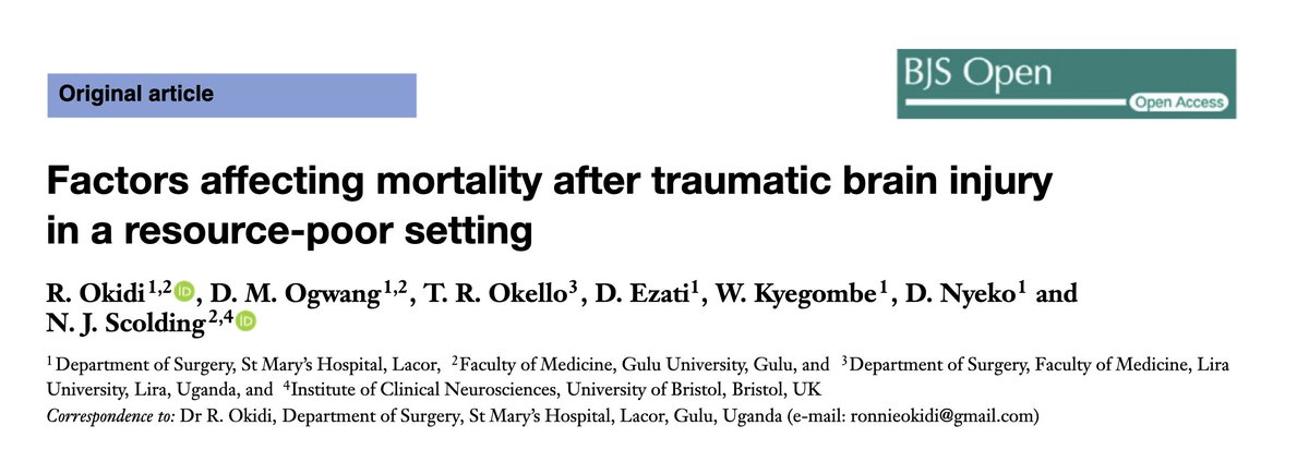 A study from neighbouring Uganda focused on traumatic brain injury:*95% of patients managed non-operatively*33% mortality*Outcomes compromised by lack of CT imaging and intracranial pressure monitoringInvestment in diagnostics key for  #GlobalSurgery https://bjssjournals.onlinelibrary.wiley.com/doi/epdf/10.1002/bjs5.50243