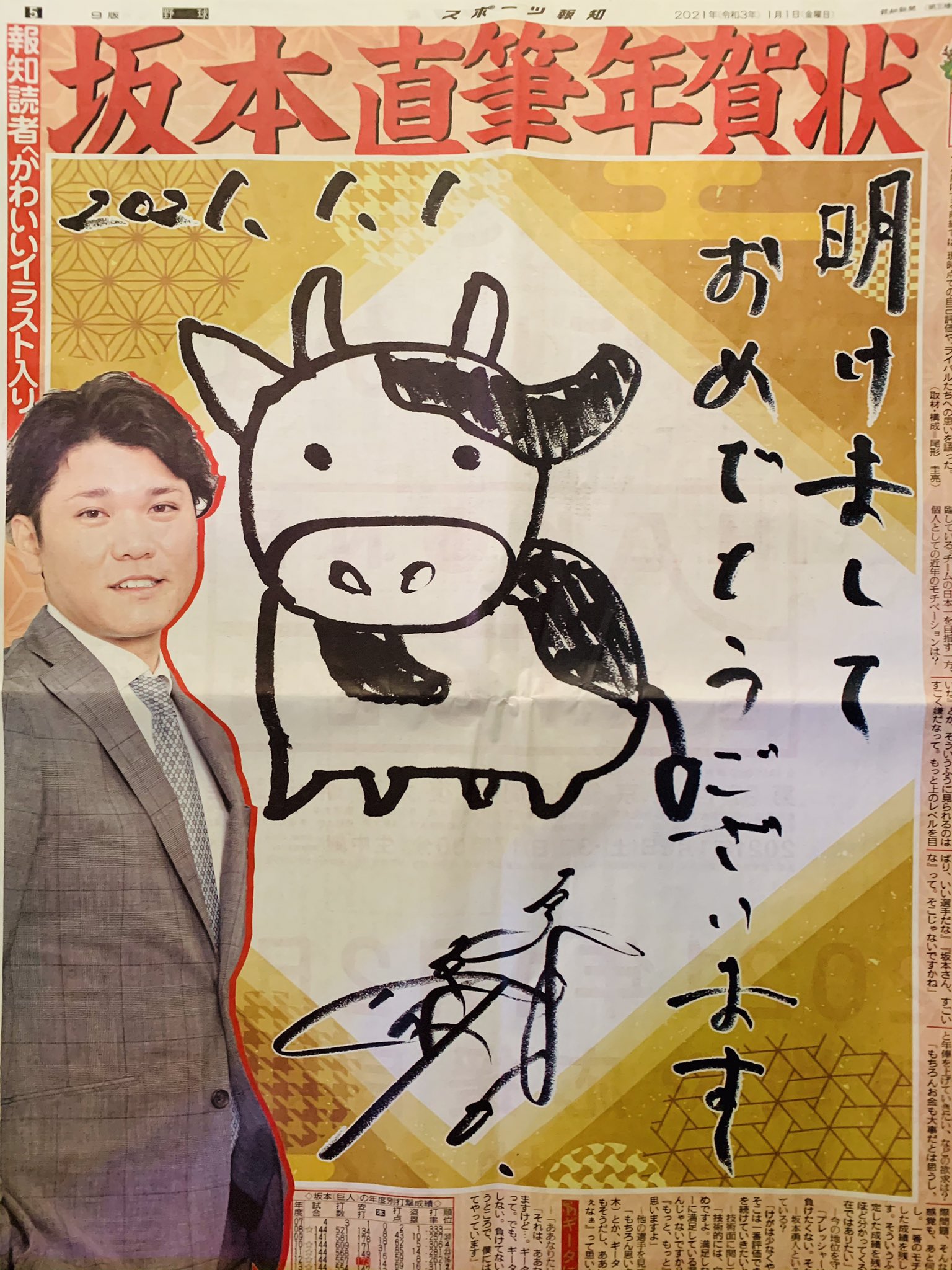 新品・巨人・坂本勇人・手書きイラストお年賀 値下げ！新品・巨人・坂本勇人・手書きイラストお年賀 （読売