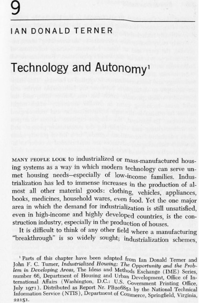 tmccormick's tweet image. persistent failures of large-scale industrial prefab housing, and the better alternative of #componentization with intermediate technology, astutely observed in brilliant 1972 essay "Technology and Autonomy" by Bay Area housing OG #DonTerner c/@markasaurus
drive.google.com/file/d/1t48A9G…