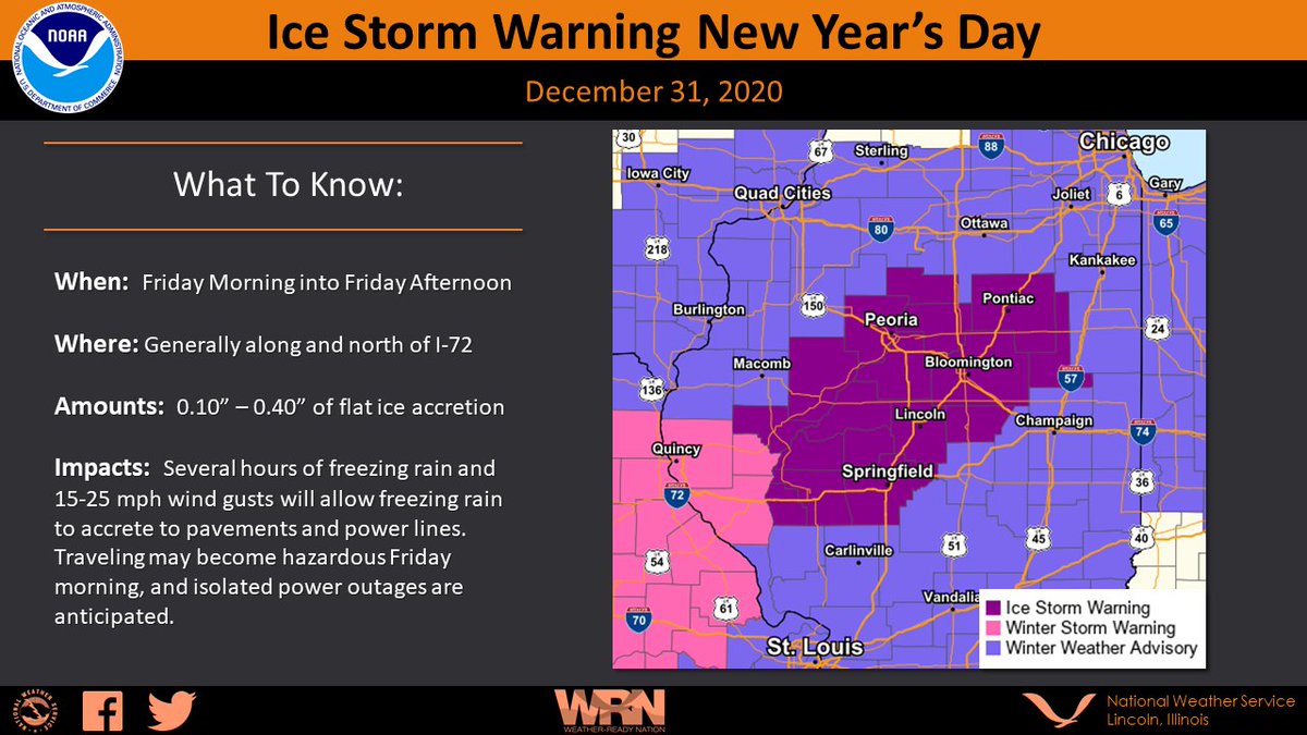 NWSLincolnIL's tweet photo. An Ice Storm Warning will go into effect late tonight for portions of central Illinois. Here are some key notes on the forecast! #ILwx https://t.co/RvTIpo0C7r